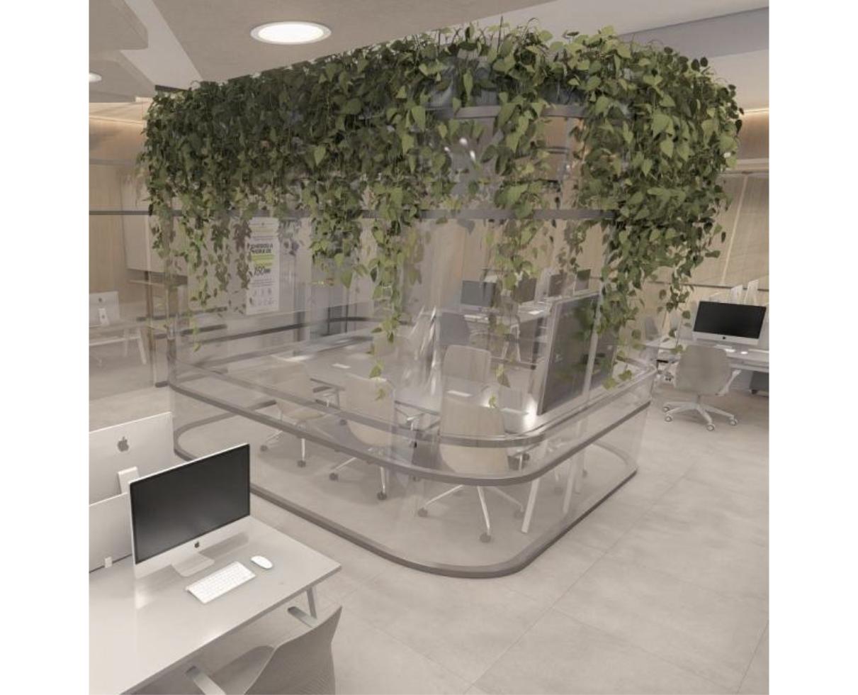 Plantas pendentes sobre estrutura central em escritório